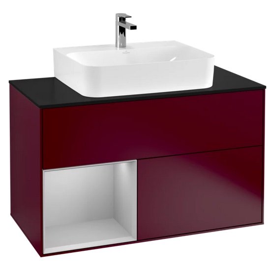 Тумба под раковину Villeroy & Boch Finion 100х50,1 см с подсветкой МДФ пион матовый лак/светло-серый матовый лак/стекло черное матовое F112GJHB