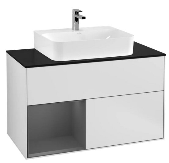 Тумба під раковину Villeroy & Boch Finion 100х50,1 см із підсвічуванням МДФ білий матовий лак/антрацит матовий лак/скло чорне матове F112GKMT