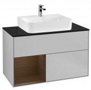 Тумба під раковину Villeroy & Boch Finion 100х50,1 см з підсвічуванням МДФ світло-сірий матовий лак/шпон волоського горіха/скло чорне матове F112GNGJ