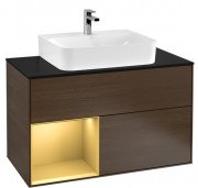 Тумба под раковину Villeroy & Boch Finion 100х50,1 см с подсветкой ДСП шпон грецкого ореха/золотой матовый лак/стекло черное матовое F112HFGN