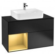 Тумба під раковину Villeroy & Boch Finion 100х50,1 см із підсвічуванням МДФ чорний матовий лак/золотий матовий лак/скло чорне матове F112HFPD