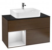 Тумба під раковину Villeroy & Boch Finion 100х50,1 см з підсвічуванням ДСП шпон волоського горіха/білий матовий лак/скло чорне матове F112MTGN