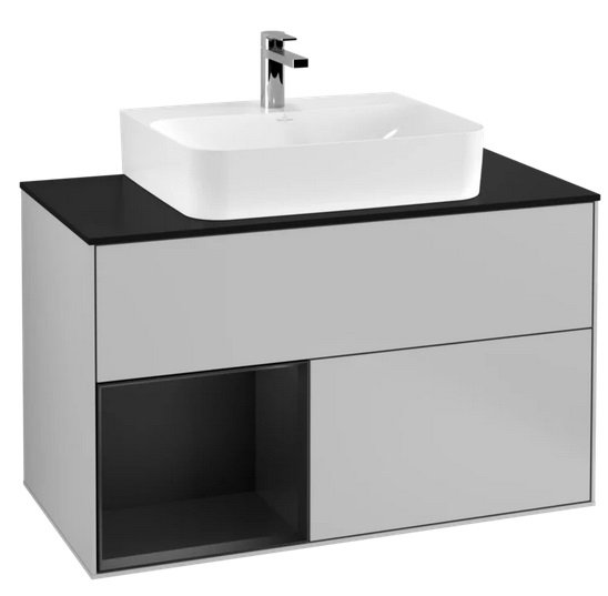 Тумба под раковину Villeroy & Boch Finion 100х50,1 см с подсветкой МДФ светло-серый матовый лак/черный матовый лак/стекло черное матовое F112PDGJ