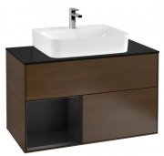 Тумба под раковину Villeroy & Boch Finion 100х50,1 см с подсветкой ДСП шпон грецкого ореха/черный матовый лак/стекло черное матовое F112PDGN