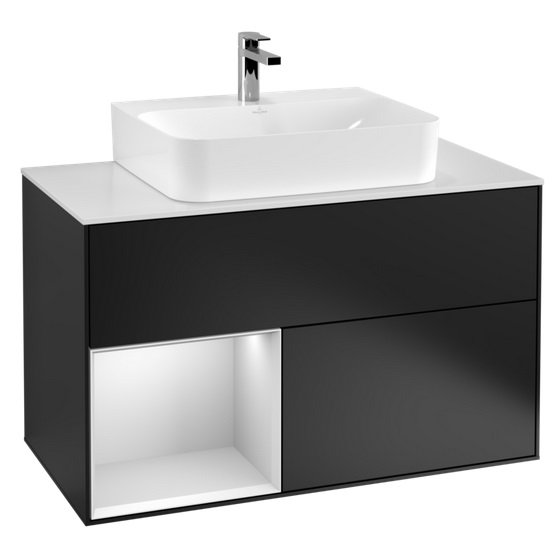 Тумба під раковину Villeroy & Boch Finion 100х50,1 см із підсвічуванням МДФ чорний матовий лак/білий матовий лак/скло біле матове F111MTPD