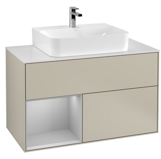 Тумба під раковину Villeroy & Boch Finion 100х50,1 см із підсвічуванням МДФ пісок матовий лак/світло-сірий матовий лак/скло біле матове F111GJHH