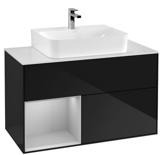 Тумба под раковину Villeroy & Boch Finion 100х50,1 см с подсветкой МДФ глянцевый черный лак/светло-серый матовый/стекло белое матовое F111GJPH