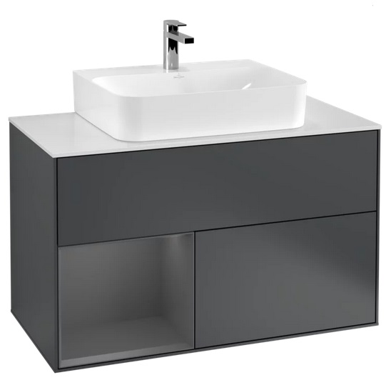 Тумба под раковину Villeroy & Boch Finion 100х50,1 см с подсветкой МДФ темно-синий матовый лак/антрацит матовый лак/стекло белое матовое F111GKHG