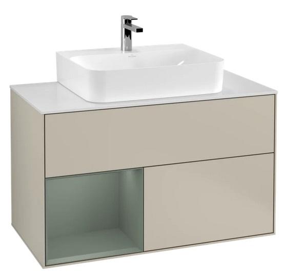 Тумба под раковину Villeroy & Boch Finion 100х50,1 см с подсветкой МДФ песок матовый лак/оливковый матовый лак/стекло белое матовое F111GMHH