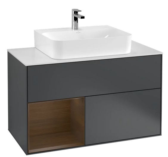 Тумба под раковину Villeroy & Boch Finion 100х50,1 см с подсветкой МДФ темно-синий матовый лак/шпон грецкого ореха/стекло белое матовое F111GNHG