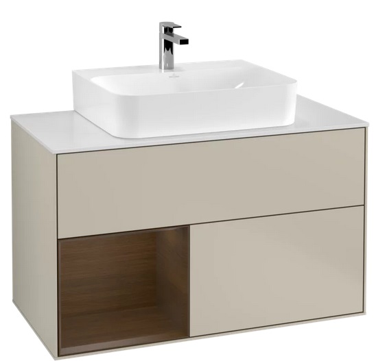 Тумба под раковину Villeroy & Boch Finion 100х50,1 см с подсветкой МДФ песок матовый лак/шпон грецкого ореха/стекло белое матовое F111GNHH