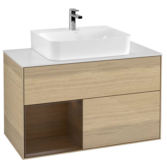 Тумба під раковину Villeroy & Boch Finion 100х50,1 см з підсвічуванням ДСП шпон дуба/шпон волоського горіха/скло біле матове F111GNPC