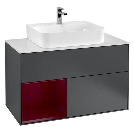 Тумба під раковину Villeroy & Boch Finion 100х50,1 см з підсвічуванням МДФ темно-синій матовий лак/півон матовий лак/скло біле матове F111HBHG