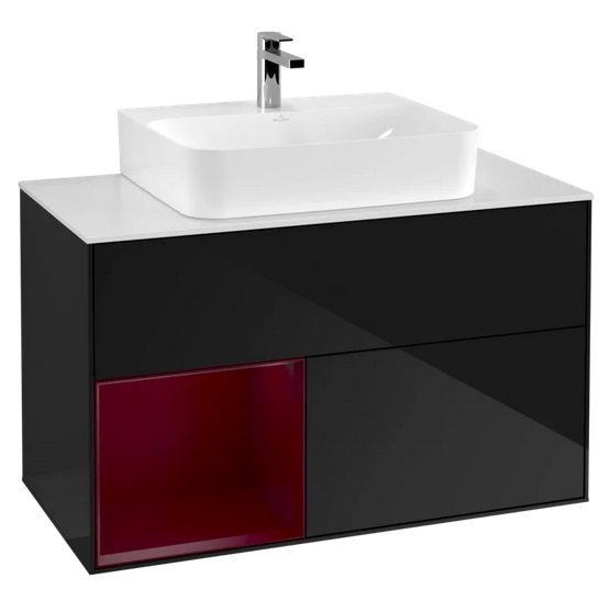 Тумба под раковину Villeroy & Boch Finion 100х50,1 см с подсветкой МДФ глянцевый черный лак/пион матовый лак/стекло белое матовое F111HBPH