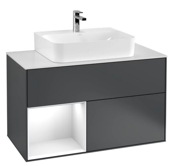 Тумба під раковину Villeroy & Boch Finion 100х50,1 см з підсвічуванням темно-синій матовий лак/глянцевий білий лак/скло біле матове F111GFHG