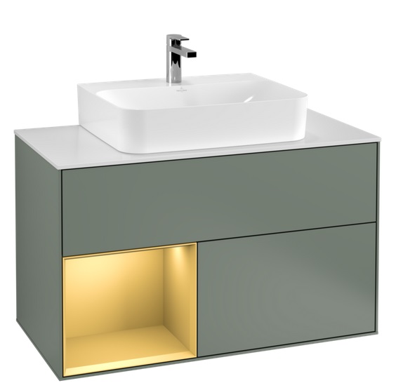 Тумба под раковину Villeroy & Boch Finion 100х50,1 см с подсветкой МДФ оливковый матовый лак/золото матовый лак/стекло белое матовое F111HFGM