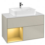 Тумба под раковину Villeroy & Boch Finion 100х50,1 см с подсветкой МДФ песок матовый лак/золото матовый лак/стекло белое матовое F111HFHH