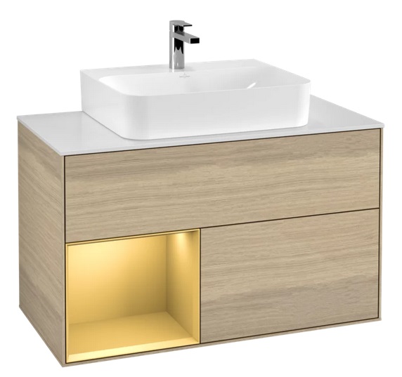 Тумба под раковину Villeroy & Boch Finion 100х50,1 см с подсветкой ДСП шпон дуба/золото матовый лак/стекло белое матовое F111HFPC