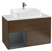 Тумба под раковину Villeroy & Boch Finion 100х50,1 см с подсветкой ДСП шпон грецкого ореха/темно-синий матовый лак/стекло белое матовое F111HGGN