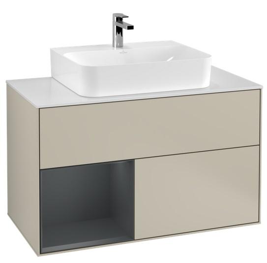 Тумба под раковину Villeroy & Boch Finion 100х50,1 см с подсветкой МДФ песок матовый лак/темно-синий матовый лак/стекло белое матовое F111HGHH