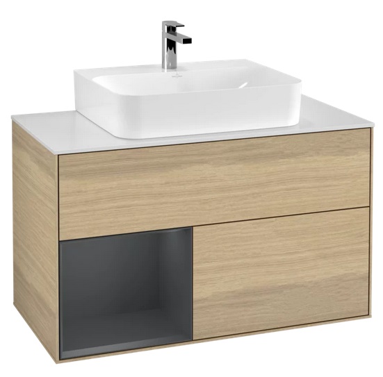 Тумба під раковину Villeroy & Boch Finion 100х50,1 см із підсвічуванням ДСП шпон дуба/темно-синій матовий лак/скло біле матове F111HGPC