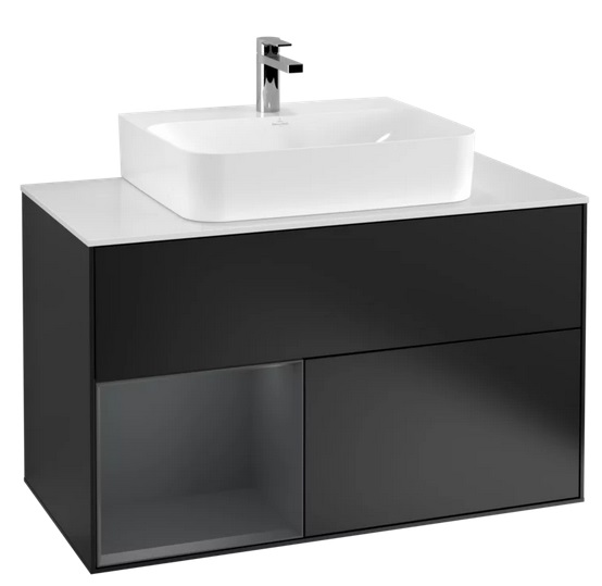 Тумба под раковину Villeroy & Boch Finion 100х50,1 см с подсветкой МДФ черный матовый лак/темно-синий матовый лак/стекло белое матовое F111HGPD