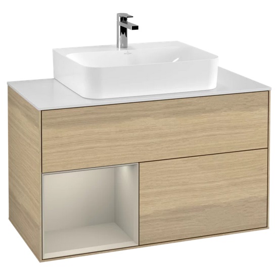 Тумба под раковину Villeroy & Boch Finion 100х50,1 см с подсветкой ДСП шпон дуба/песок матовый лак/стекло белое матовое F111HHPC