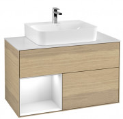 Тумба під раковину Villeroy & Boch Finion 100х50,1 см із підсвічуванням ДСП шпон дуба/глянцевий білий лак/скло біле матове F111GFPC