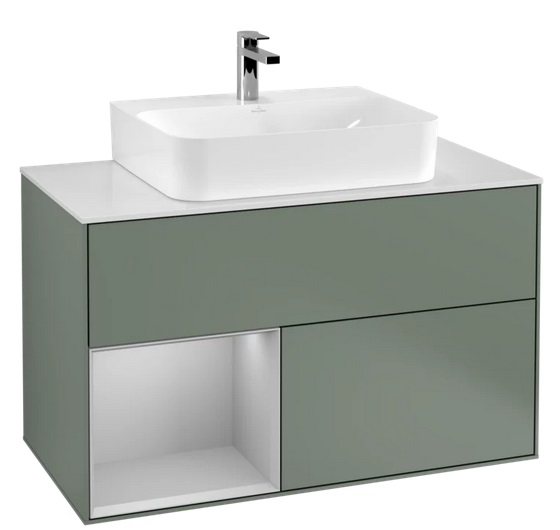 Тумба під раковину Villeroy & Boch Finion 100х50,1 см із підсвічуванням МДФ оливковий матовий лак/світло-сірий матовий лак/скло біле матове F111GJGM