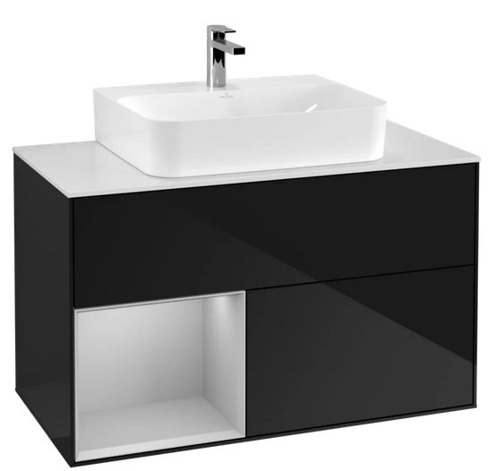 Тумба під раковину Villeroy & Boch Finion 100х50,1 см із підсвічуванням МДФ глянсовий чорний лак/світло-сірий матовий/скло біле матове F111GJPH