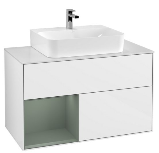 Тумба под раковину Villeroy & Boch Finion 100х50,1 см с подсветкой МДФ глянцевый белый лак/оливковый матовый лак/стекло белое матовое F111GMGF