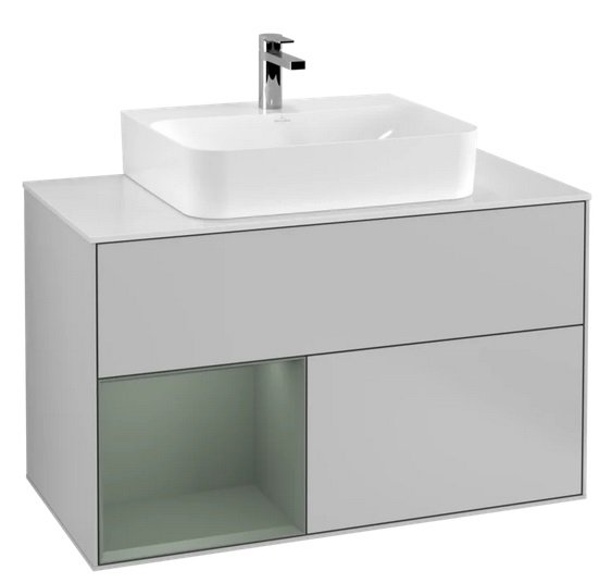 Тумба під раковину Villeroy & Boch Finion 100х50,1 см із підсвічуванням МДФ світло-сірий матовий лак/оливковий матовий лак/скло біле матове F111GMGJ