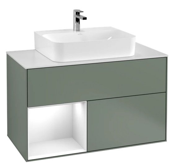 Тумба под раковину Villeroy & Boch Finion 100х50,1 см с подсветкой МДФ оливковый матовый лак/глянцевый белый лак/стекло белое матовое F111GFGM