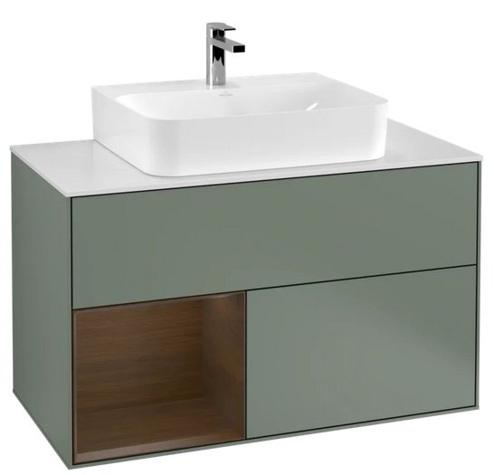Тумба под раковину Villeroy & Boch Finion 100х50,1 см с подсветкой МДФ оливковый матовый лак/шпон грецкого ореха/стекло белое матовое F111GNGM
