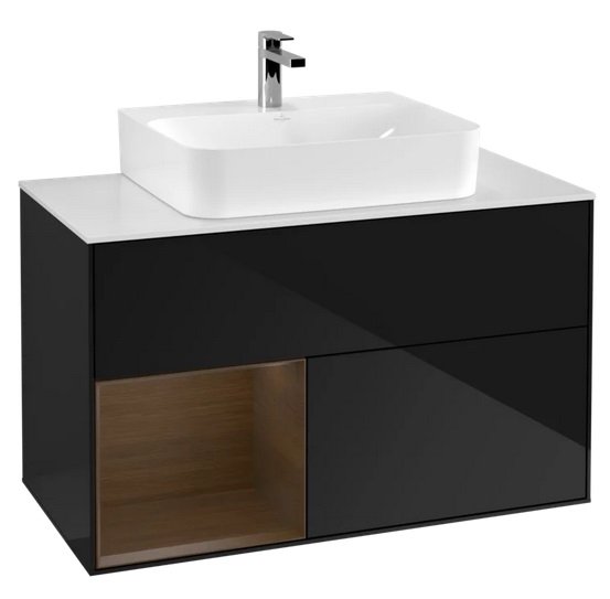 Тумба под раковину Villeroy & Boch Finion 100х50,1 см с подсветкой МДФ глянцевый черный лак/шпон грецкого ореха/стекло белое матовое F111GNPH