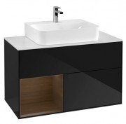 Тумба под раковину Villeroy & Boch Finion 100х50,1 см с подсветкой МДФ глянцевый черный лак/шпон грецкого ореха/стекло белое матовое F111GNPH