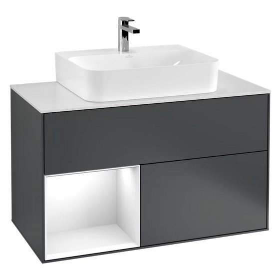 Тумба под раковину Villeroy & Boch Finion 100х50,1 см с подсветкой МДФ темно-синий матовый лак/глянцевый белый лак/стекло белое матовое F111GFHG