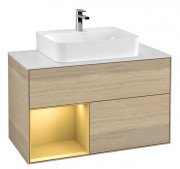 Тумба под раковину Villeroy & Boch Finion 100х50,1 см с подсветкой ДСП шпон дуба/золото матовый лак/стекло белое матовое F111HFPC