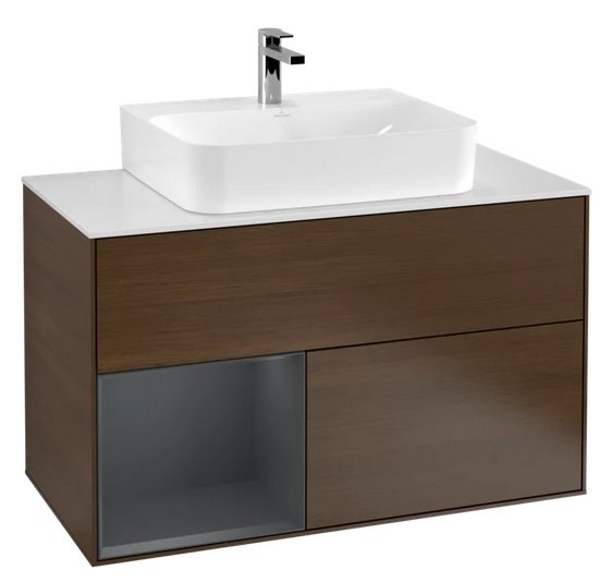 Тумба під раковину Villeroy & Boch Finion 100х50,1 см із підсвічуванням ДСП шпон волоського горіха/темно-синій матовий лак/скло біле матове F111HGGN