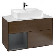 Тумба під раковину Villeroy & Boch Finion 100х50,1 см із підсвічуванням ДСП шпон волоського горіха/темно-синій матовий лак/скло біле матове F111HGGN