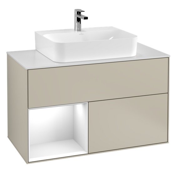 Тумба под раковину Villeroy & Boch Finion 100х50,1 см с подсветкой МДФ песок матовый лак/глянцевый белый лак/стекло белое матовое F111GFHH