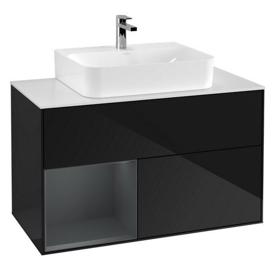 Тумба под раковину Villeroy & Boch Finion 100х50,1 см с подсветкой МДФ глянцевый черный лак/темно-синий матовый лак/стекло белое матовое F111HGPH