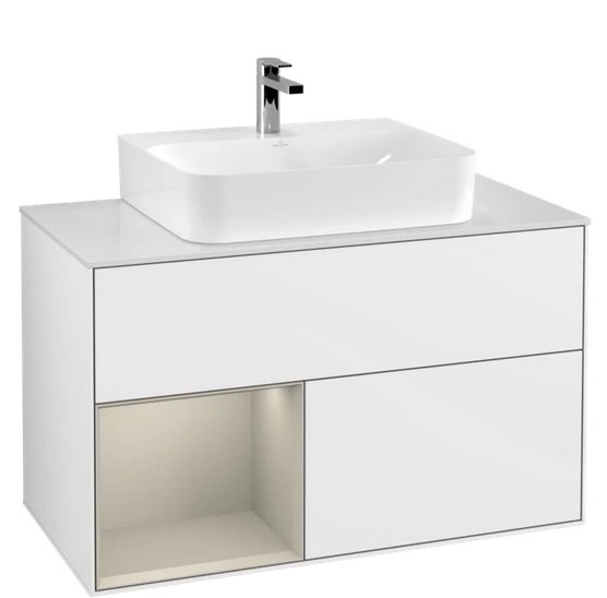 Тумба под раковину Villeroy & Boch Finion 100х50,1 см с подсветкой МДФ глянцевый белый лак/песок матовый лак/стекло белое матовое F111HHGF