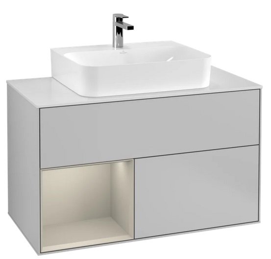 Тумба під раковину Villeroy & Boch Finion 100х50,1 см із підсвічуванням МДФ світло-сірий матовий лак/пісок матовий лак/скло біле матове F111HHGJ