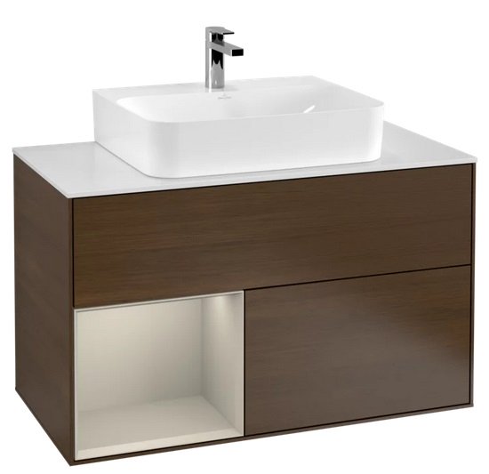 Тумба под раковину Villeroy & Boch Finion 100х50,1 см с подсветкой ДСП шпон грецкого ореха/песок матовый лак/стекло белое матовое F111HHGN