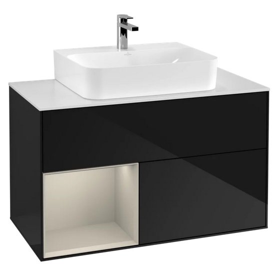 Тумба под раковину Villeroy & Boch Finion 100х50,1 см с подсветкой МДФ глянцевый черный лак/песок матовый лак/стекло белое матовое F111HHPH