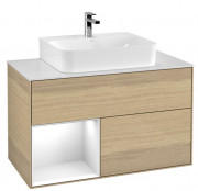 Тумба под раковину Villeroy & Boch Finion 100х50,1 см с подсветкой ДСП шпон дуба/глянцевый белый лак/стекло белое матовое F111GFPC