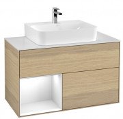 Тумба під раковину Villeroy & Boch Finion 100х50,1 см із підсвічуванням ДСП шпон дуба/глянцевий білий лак/скло біле матове F111GFPC