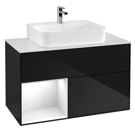 Тумба під раковину Villeroy & Boch Finion 100х50,1 см із підсвічуванням МДФ глянсовий чорний лак/глянцевий білий лак/скло біле матове F111GFPH
