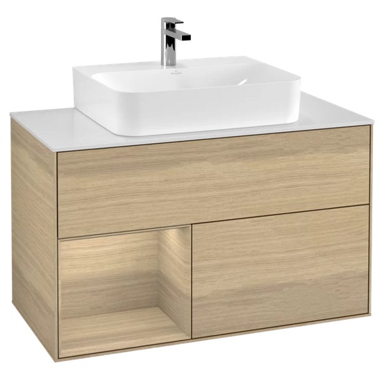 Тумба под раковину Villeroy & Boch Finion 100х50,1 см с подсветкой ДСП шпон дуба/стекло белое матовое F111PCPC